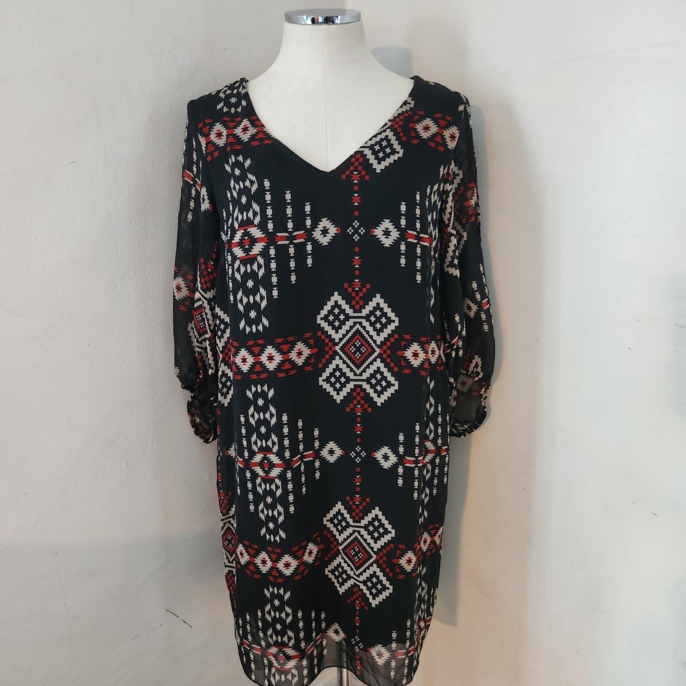 Enfocus Studio Women Black Red Tribal Geometric V-Neck Shift Dress Size 10